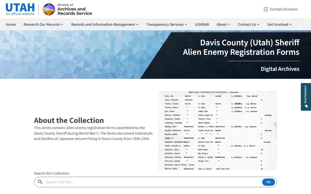 Utah State Archives page for Davis County marriage records