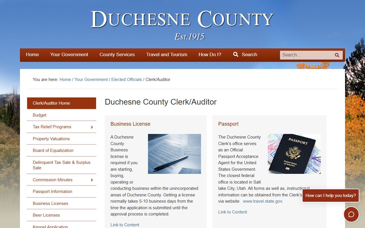 Duchesne County clerk page for marriage license records