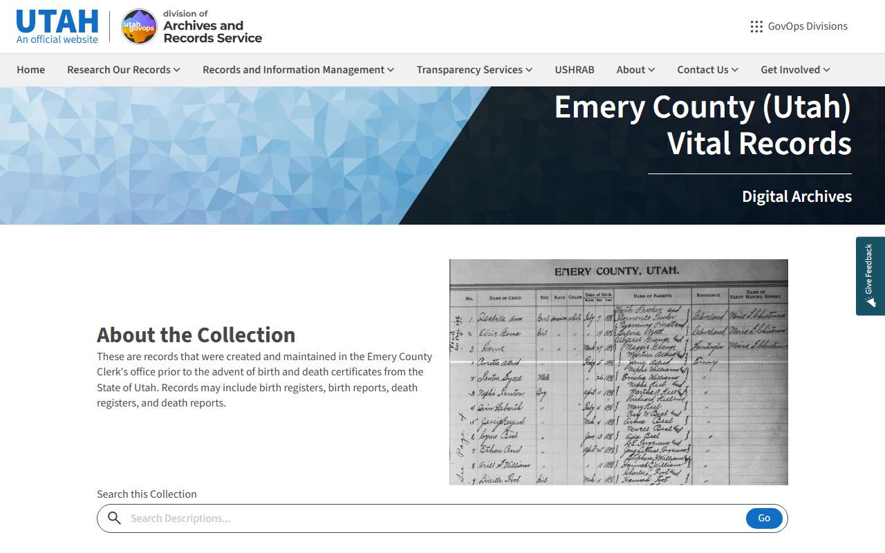 Emery County State Archives page for marriage license records