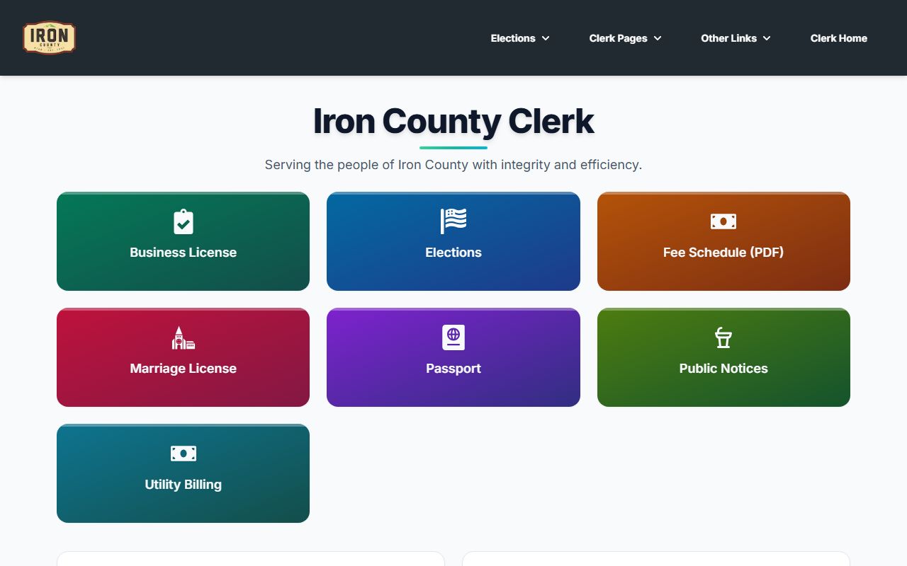 Iron County Clerk page for marriage license records