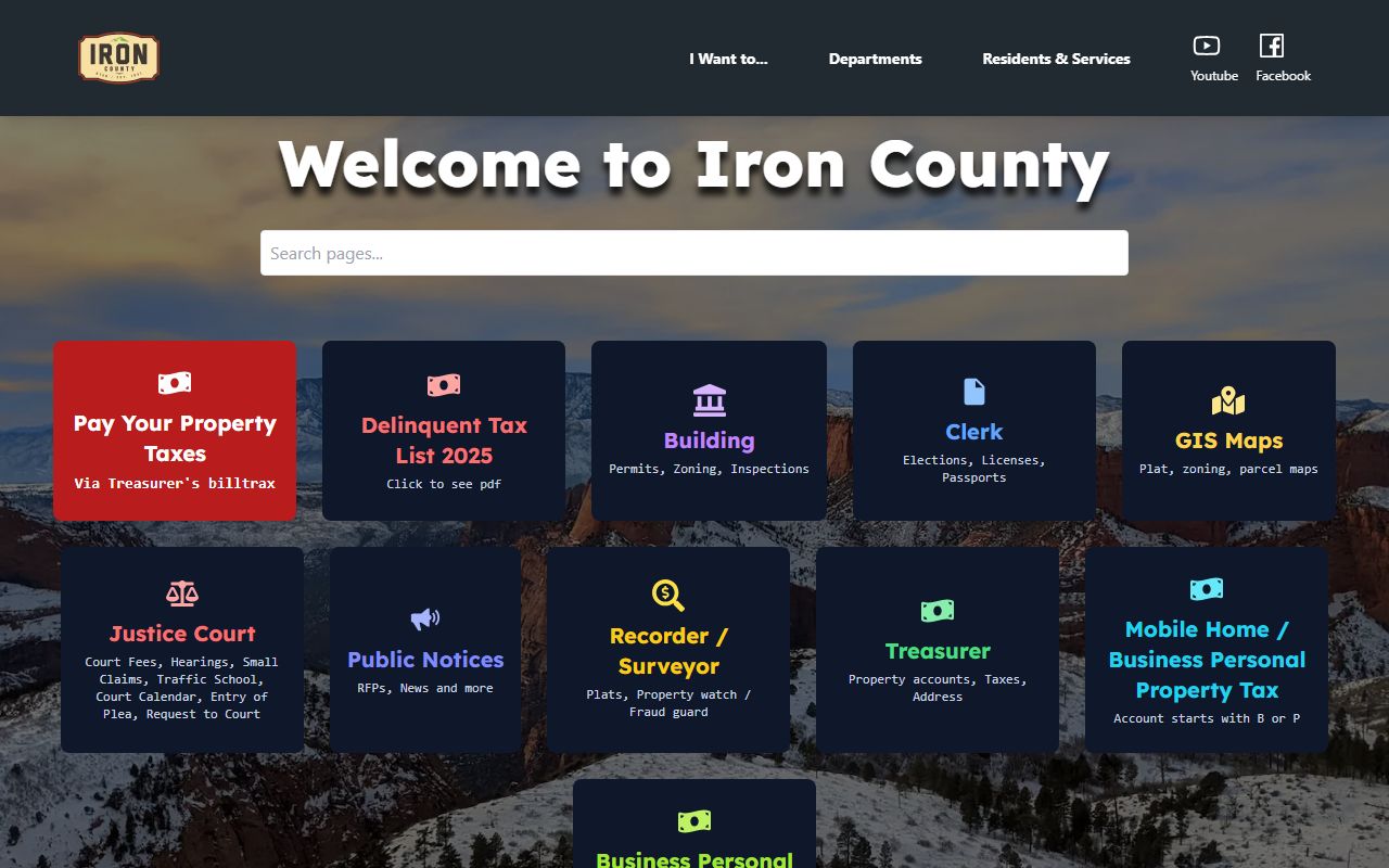 Iron County homepage with clerk and county service links