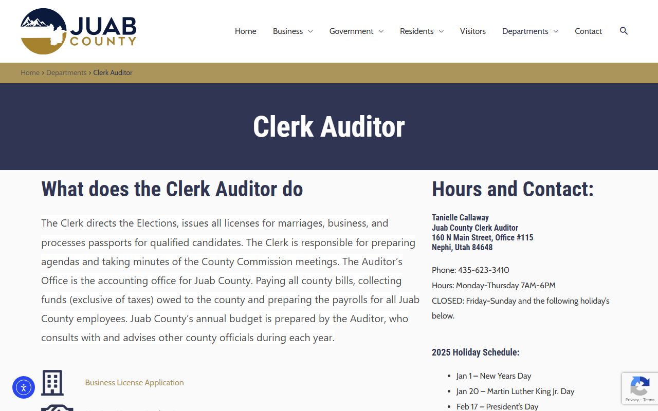 Juab County Clerk Auditor page for Marriage License records