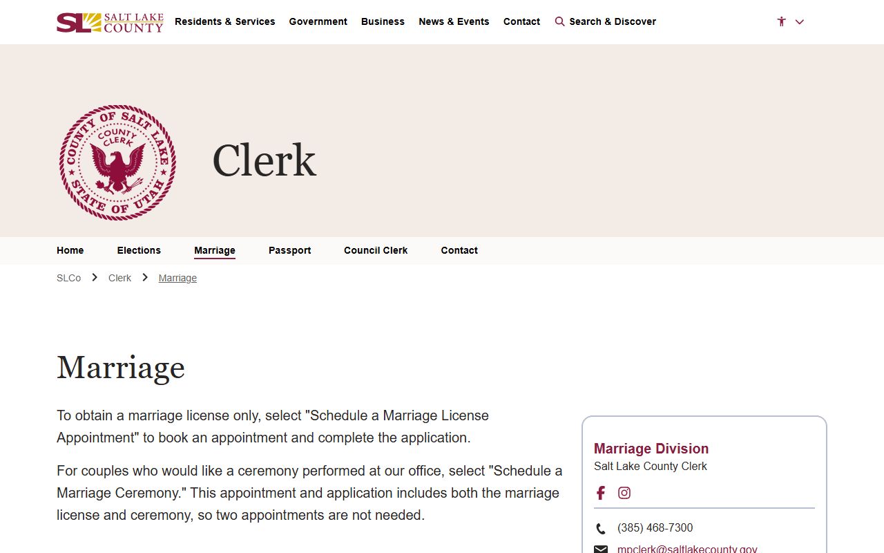 Salt Lake County Marriage License records at the county marriage division