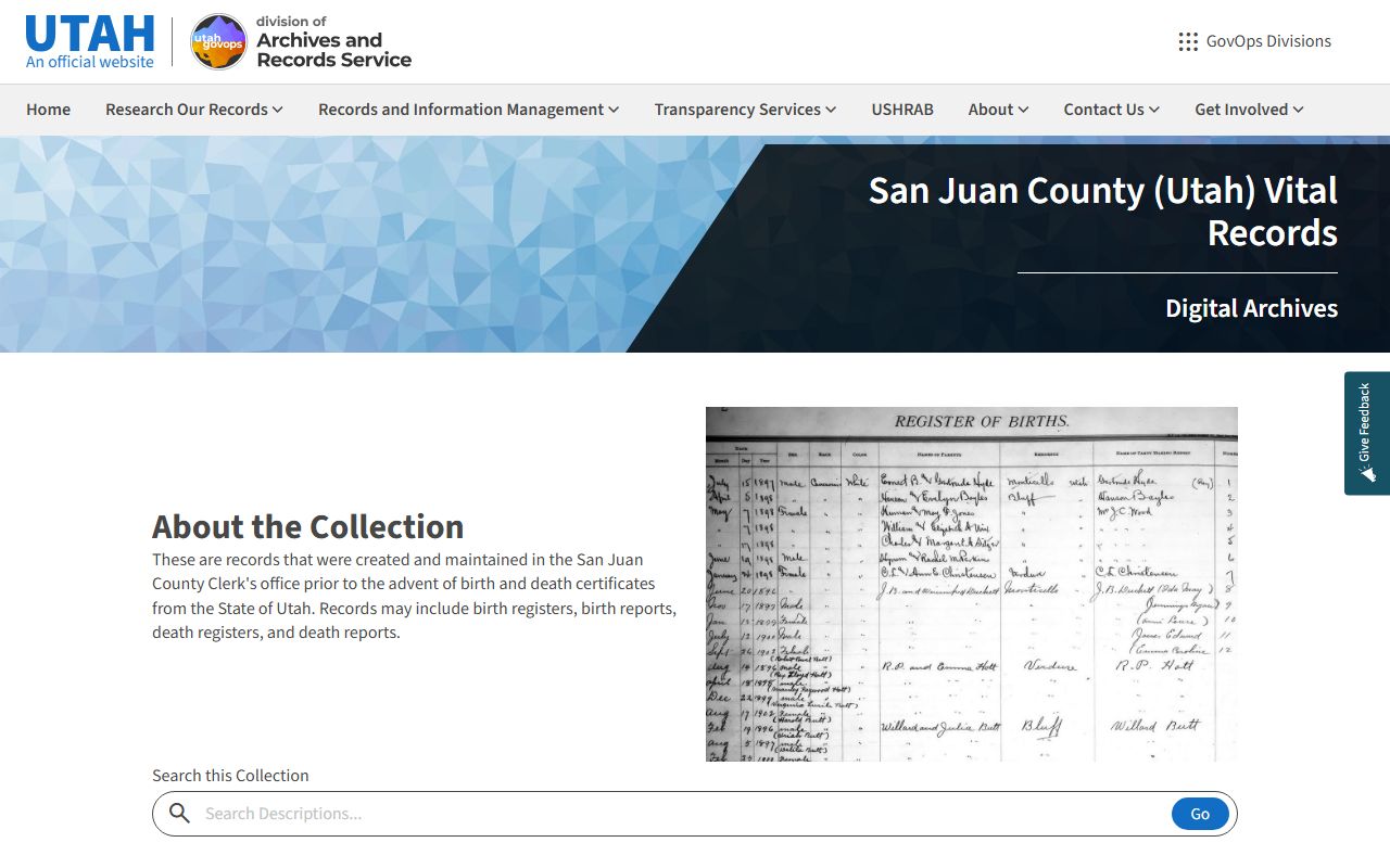 San Juan County State Archives page for marriage license records