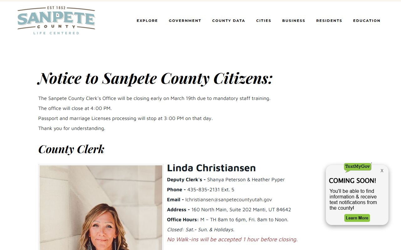Sanpete County clerk page for marriage license records