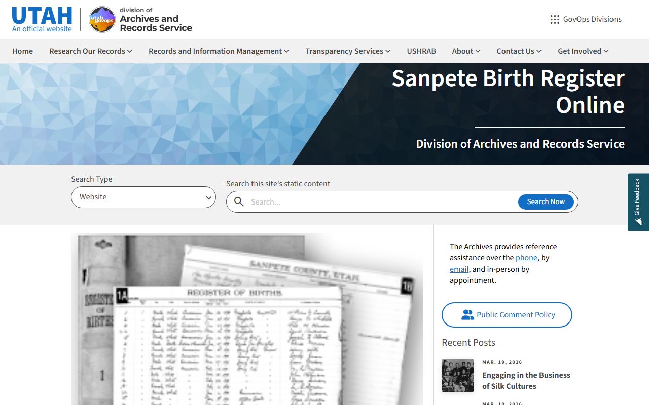 Sanpete County State Archives page for marriage license records