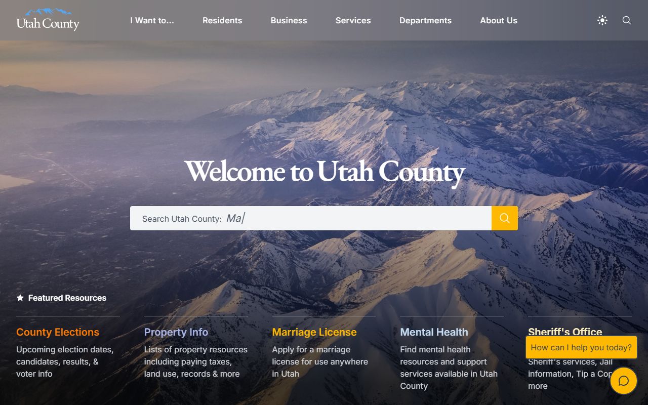 Utah County homepage showing marriage license resources