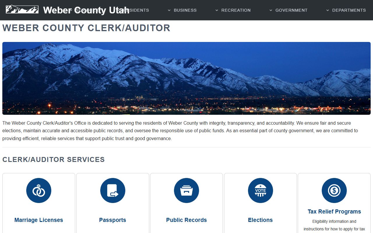 Weber County Clerk/Auditor page for Marriage License services