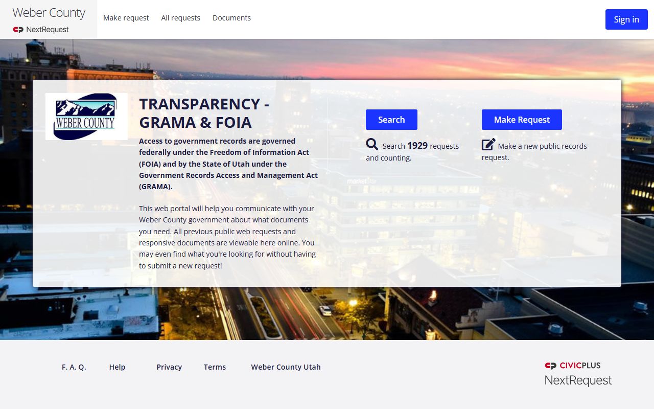 Weber County GRAMA request portal for Marriage License records