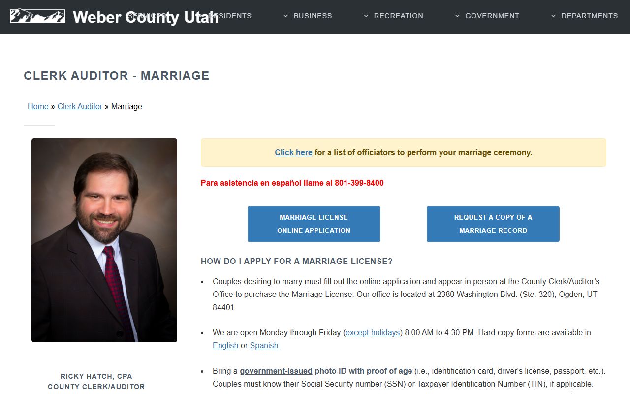 Weber County marriage license page for Marriage License searches
